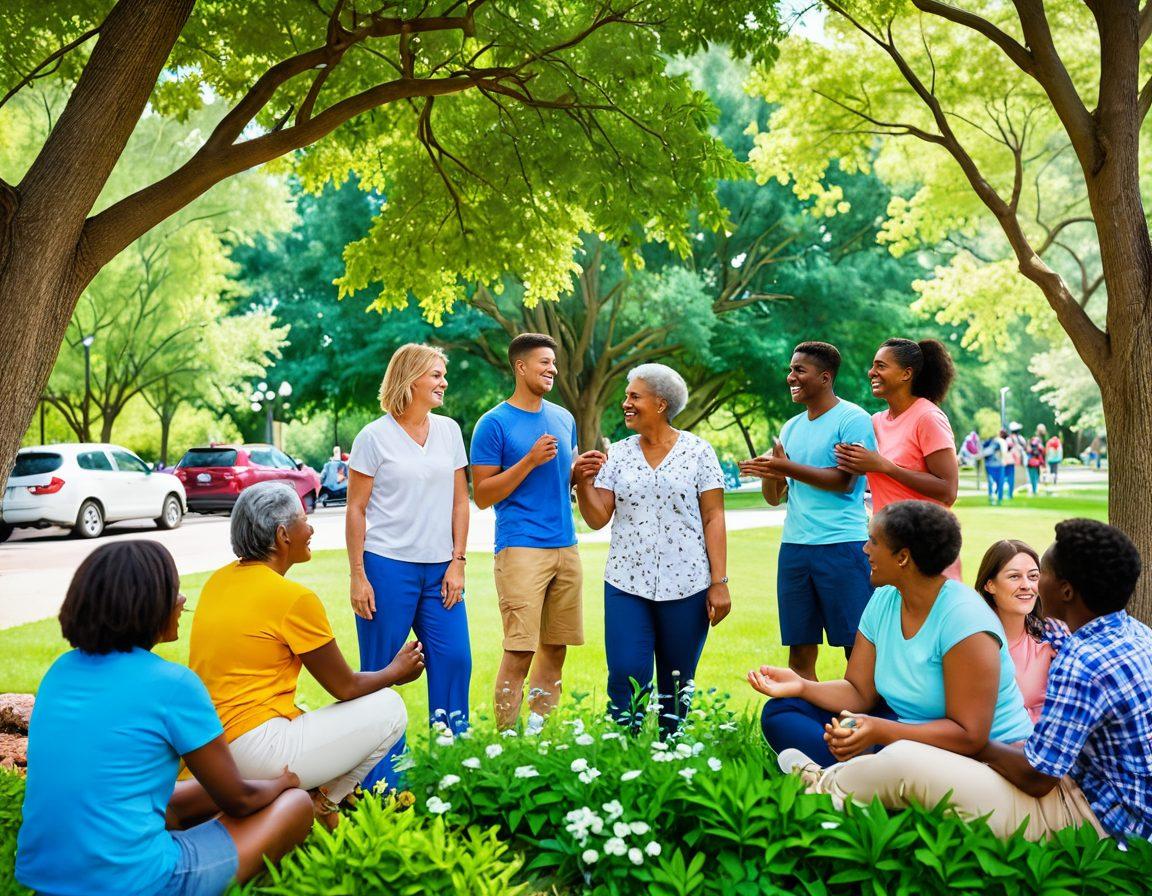 A warm, inviting scene of diverse individuals from a community coming together in a vibrant park, sharing stories and laughter, with elements of nature like trees and flowers symbolizing growth. The mood should be uplifting and supportive, emphasizing the power of local connections in tough times. Include subtle details like hands reaching out to each other and heartwarming smiles. vibrant colors. super-realistic.