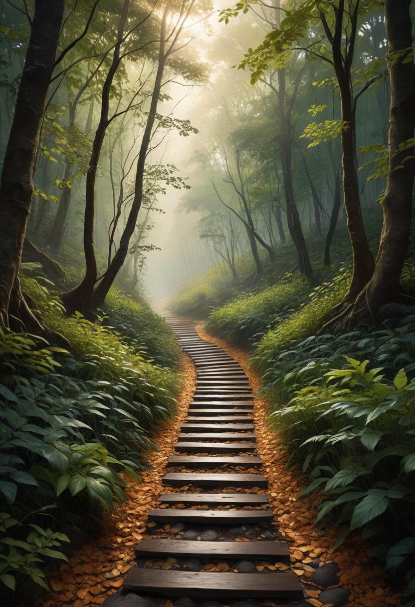 A serene yet evocative landscape depicting a winding path through a shadowy forest, where faint rays of light penetrate the thick foliage, symbolic of hope in sorrow. Alongside the path, silhouettes of diverse individuals helping each other, illustrating community resilience. An array of somber yet vibrant colors to evoke deep emotions and empathy. Incorporate elements of nature such as fallen leaves, gentle streams, and soft light. super-realistic. muted tones. natural textures.