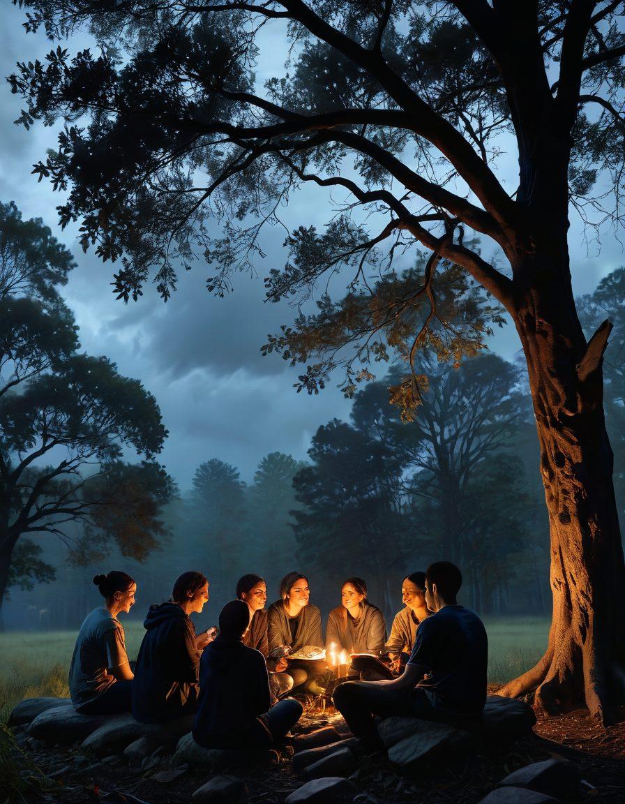 A group of diverse individuals sitting together under a cloudy sky, sharing stories and laughter, portraying a sense of unity amidst the gloom. Include elements of nature like dark trees and a soft drizzle to enhance the atmosphere. Each person holding a symbolic item representing their struggles, like a book or a candle. The scene should evoke warmth, connection, and hope despite the dreary weather. moody colors. painterly style.